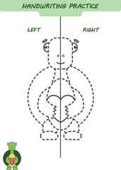 Draw and color a turtle. Handwriting practice sheet 
for both hands, kids preschool activity, development children game, left and right hemispheres of the brain, vector illustration
