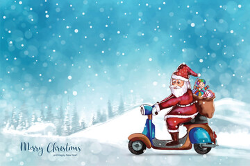 Beautiful christmas landscape in winter with santa claus on riding a scooter background