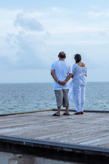 A picture of two couples standing in the edge of a platform and looking at the beautiful blue sea and sky