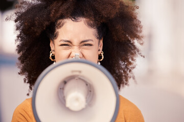Megaphone, speaker and black woman leading a street protest for change, equality and democracy....