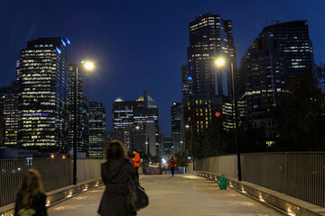 People crossing the bridge over the Bow River at night, Calgary