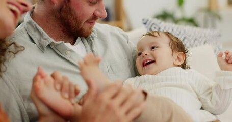 Love, happy family and baby playing on a sofa, relaxing and bonding in a living room in their home. Happy, cheerful and parents enjoying special moment of parenthood with their cute and adorable son - Powered by Adobe