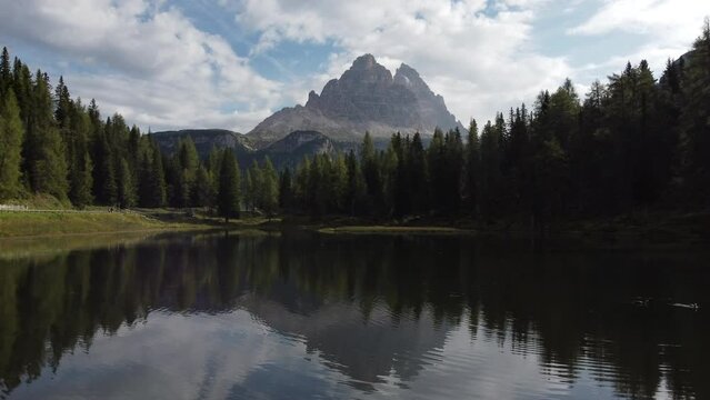 Antorno Lake and Tre Cime di Lavaredo Peaks Reflection in Italian Dolomites
