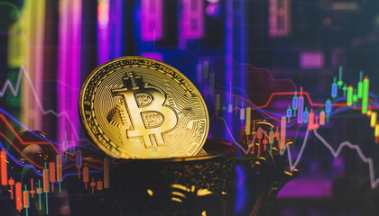 Cryptocurrency concept , Golden bitcoin on winners cup background mainboard , The future of money....