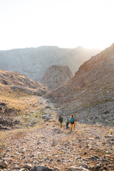 Fototapeta premium three tourists with backpacks in the mountains. Tourists travel through the rocky mountains. Active rest in mountain hiking. Adventure in the mountains.