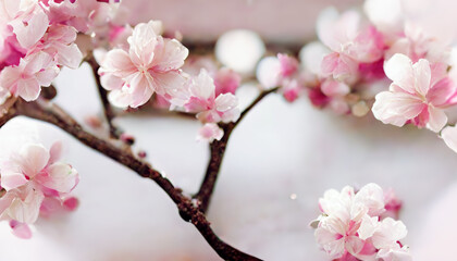 Fototapeta na wymiar Spring sakura cherry blooming flowers bouquet. Isolated realistic pink petals, blossom, branches, leaves. 3D Rendering