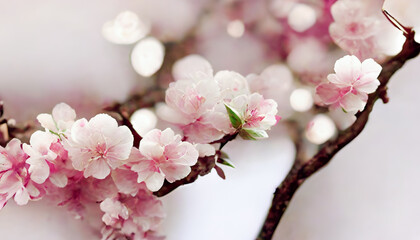 Spring sakura cherry blooming flowers bouquet. Isolated realistic pink petals, blossom, branches, leaves. 3D Rendering