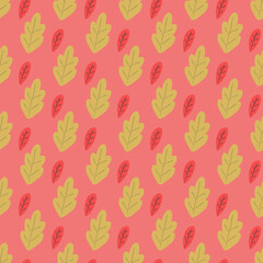 Seamless autumnal leaves pattern. Pink with yellow and red leaves background. For kids and home textile. Wrapping and gift paper. Scrapbooking.