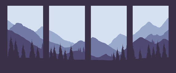 Pine forest in the mountain scenery vector landscape illustration with cropped style perfect for background, desktop background, wallpaper, nature banner, card, social media post. © Izzul Khaq