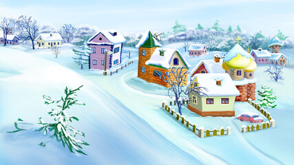 Winter day in a village illustration