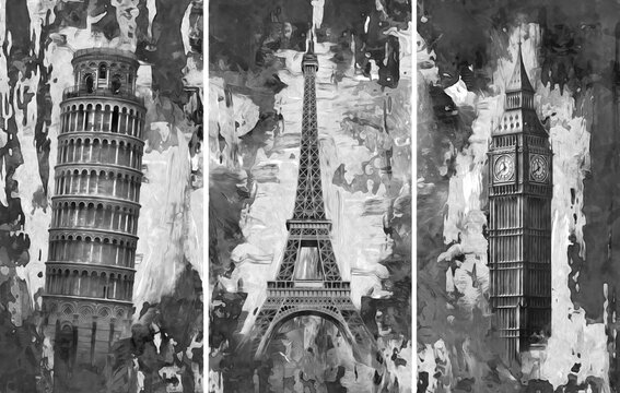A collection of designer black and white oil paintings. Decoration for the interior. Contemporary abstract art on canvas. A set of pictures with different textures and colors. Pisa, London, Paris.