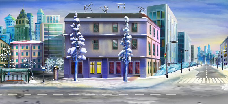 Winter day in a big city illustration