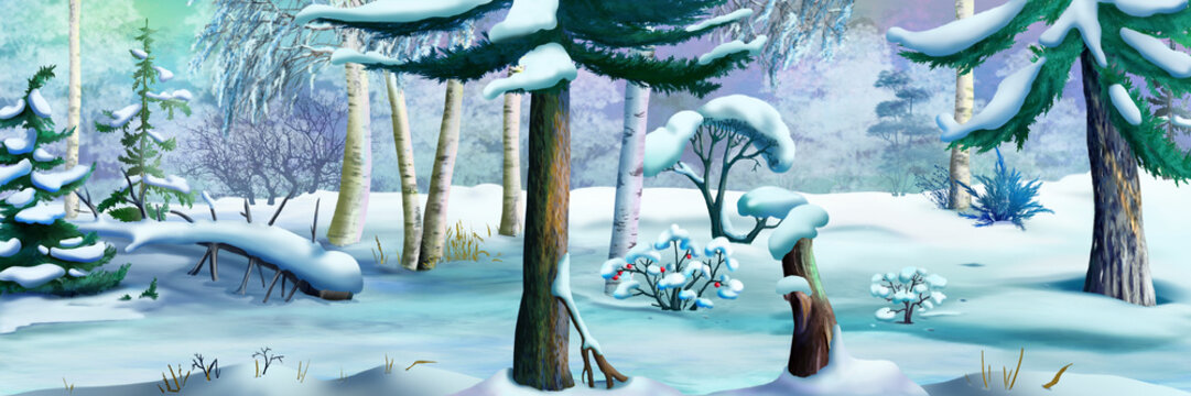 Snowdrifts in a winter forest illustration