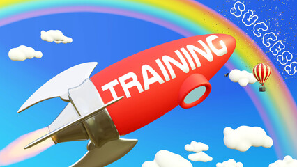 Training lead to achieving success in business and life. Cartoon rocket labeled with text Training, flying high in the blue sky to reach the rainbow, reward and success.,3d illustration © GoodIdeas
