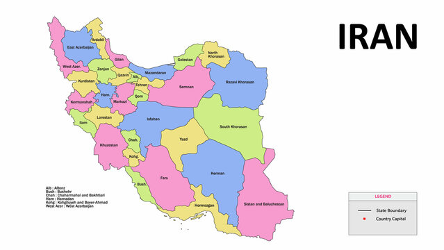Iran Map. State and district map of Iran. Detailed colorful map of Iran.