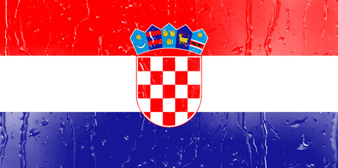 Naklejka premium 3D Flag of Croatia on a glass with water drop background.