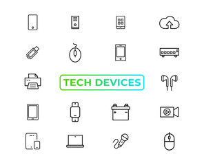 Device and technology line icon set. Electronic devices and gadgets, computer, equipment and electronics. Computer monitor, smartphone, tablet and laptop sumbol collection - stock ...