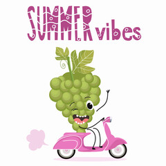 Vector illustration of funny character, cartoon character, grapes, funny fruits, grapes, summer vibes, party, beach.