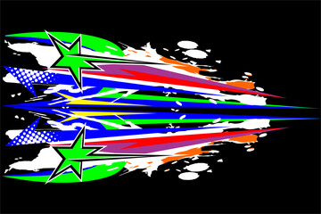 racing background vector design with a unique pattern of stripes with star effects, splashes and bubbles, with bright colors such as green, yellow, and others