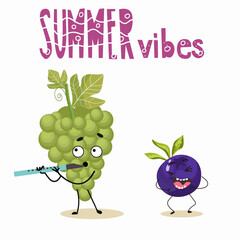 Vector illustration of funny character, cartoon character, grapes and blueberries, funny fruits, summer vibes, party, beach.