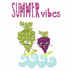 Vector illustration of funny character, cartoon character, grapes and blueberries, funny fruits, summer vibes, party, beach.