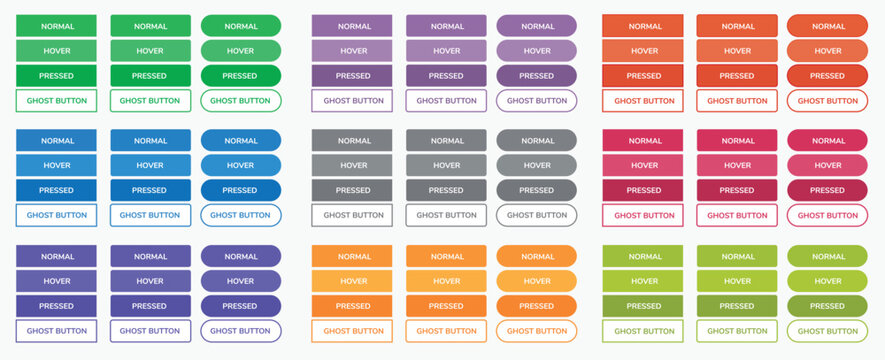 Colorful button set for web, website, app, print, UI. Vector button states with normal, hover, pressed and ghost state.