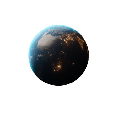 Earth planet view from space at night, 3D rendering of Planet Earth, Elements of this image furnished by NASA. Transparent background.
