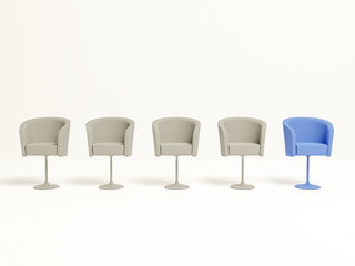 3D Blue chair standing isolated on white background. Recruitment and Human Resources Concepts. We are hiring you, job vacancy, recruiting staff, employer and candidate. 3D rendering.