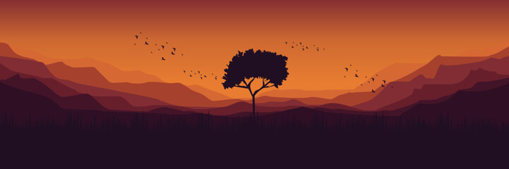 landscape scenery with tree silhouette vector illustration good for wallpaper, background, banner, backdrop, web, ui, ux, adventure, travel, and design template