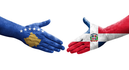 Handshake between Dominican Republic and Kosovo flags painted on hands, isolated transparent image.