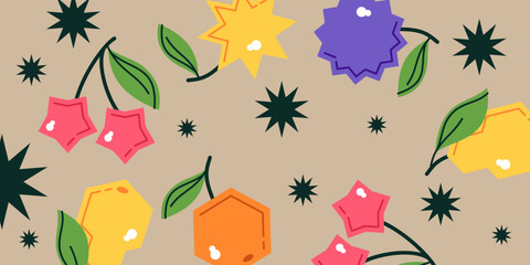 Vector graphics in a trendy minimalist style with geometric elements and fruits. Background with stylized fruits.