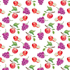 seamless pattern with red apples on branch and grape