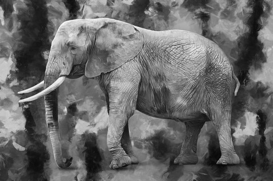 modern oil black & white painting of elephant, artist collection of animal painting for decoration and interior, canvas art, abstract.