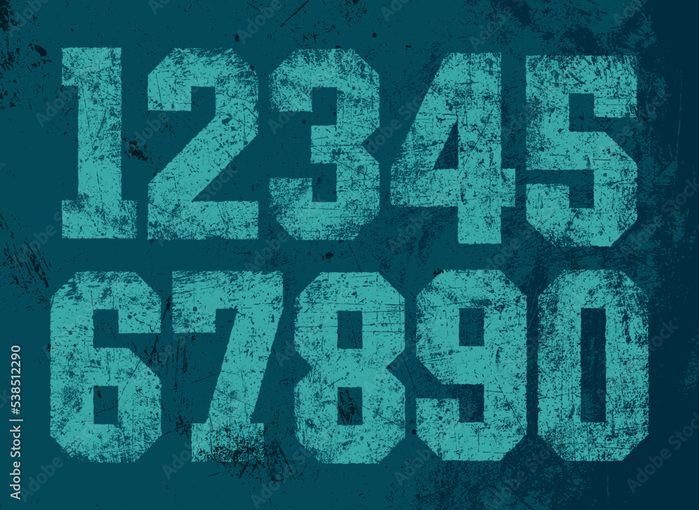 Fototapete numbers with a scratched worn texture. detailed individually textured characters. unique design font