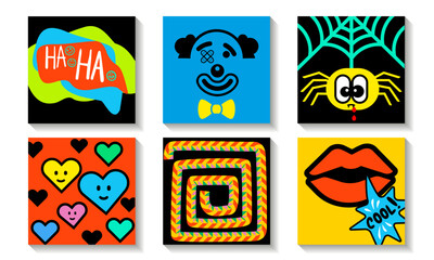 Banner collection of Different colored cartoon comic book characters and abstract shapes and lines