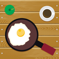 Top of view breakfast fried eggs coffee and apple