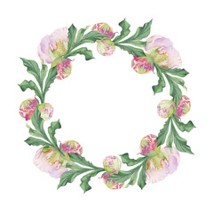 Watercolor circle frame arrangement with hand drawn delicate pink peony flowers, buds and leaves. Isolated on white background. For invitations, wedding, love or greeting cards, paper, print, textile