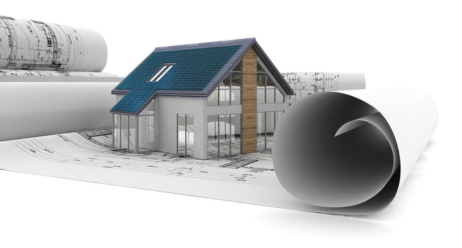 Bauplanung an einem Einfamilienhaus mit Schr&auml;gdach augelegt mit Solarmodulen - 3D Visualisierung