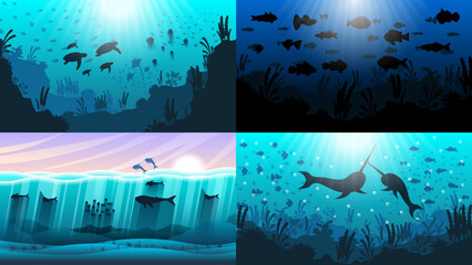 Set Abstract Collection Blue Underwater Ocean Sea Nature Background Vector With Fishes And Shadows Seaweed Vector Design Style