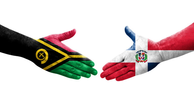 Handshake between Dominican Republic and Vanuatu flags painted on hands, isolated transparent image.