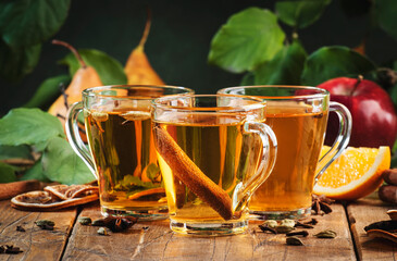 Mulled Cider glass cups: apple, pear and orange flavored  hot cider with spices. Fermented low alcohol cocktail fruit drink on ustic wooden table. Background with leaves