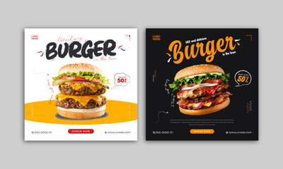 Food social media banner design template. Burger social media post vector illustration. Square size. - obrazy, fototapety, plakaty