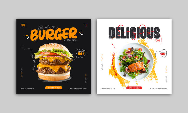 Food social media banner design template. Burger and delicious social media post vector illustration. Square size.