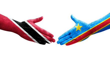 Handshake between Dr Congo and Trinidad Tobago flags painted on hands, isolated transparent image.