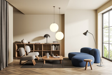 Light living room interior with couch and seats, shelf with window