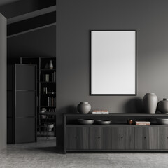Grey living room interior with drawer and decoration, mockup frame