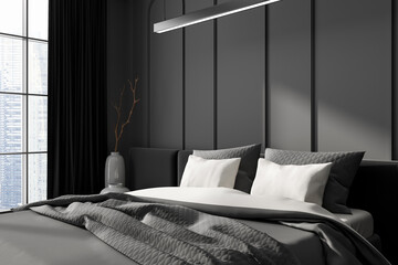 Grey bedroom interior with bed and decor, panoramic window