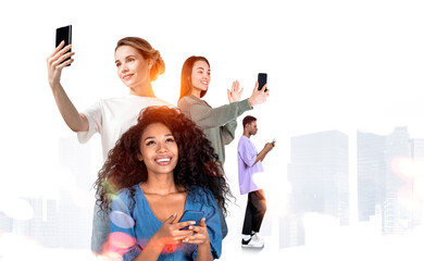 Happy young business students with smartphone, social media and connection