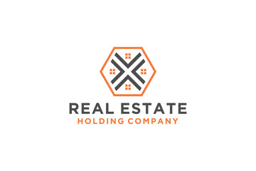 Real estate logo house roof window  hexagon shape icon symbol