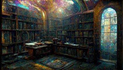 AI generated or  3D illustrated image of a colorful library of magic, with a large stained glass colorful window
